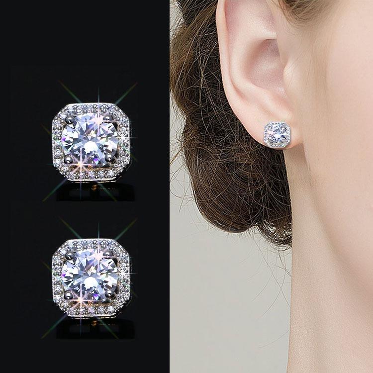 Runxin 50-Point Sugar Cube Earrings for Women with Sparkling Micro-Inlaid Zircon