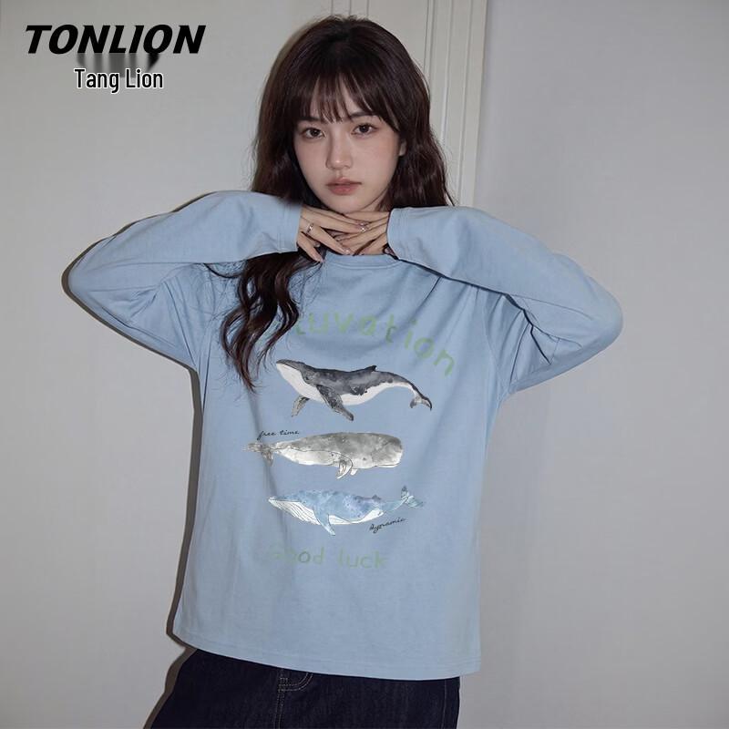 TonLion Women s Watercolor Whale Long Sleeve T-Shirt L