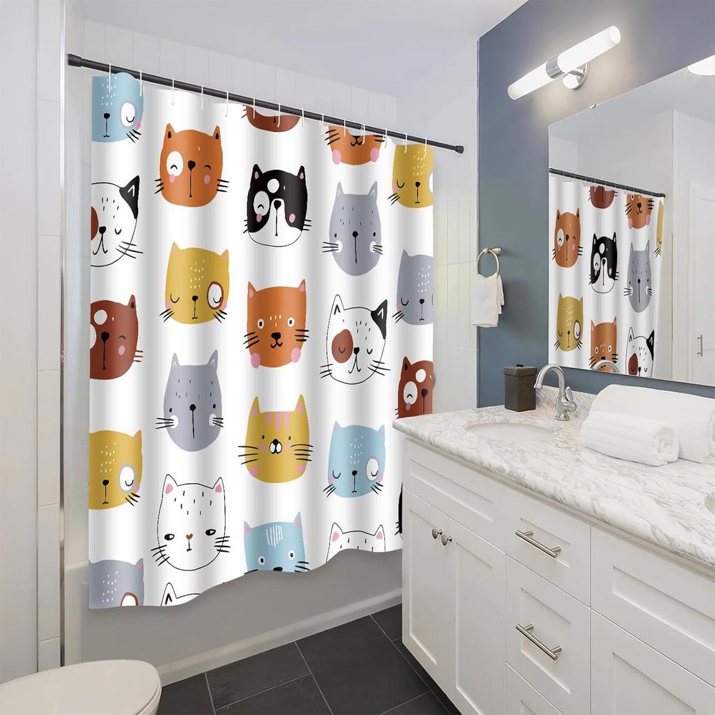 Cute Cat Shower Curtain for Bathroom Decor, Funny Bathroom Curtain Set, Cat Lovers Cute Cartoon Colorful Waterproof Fabric