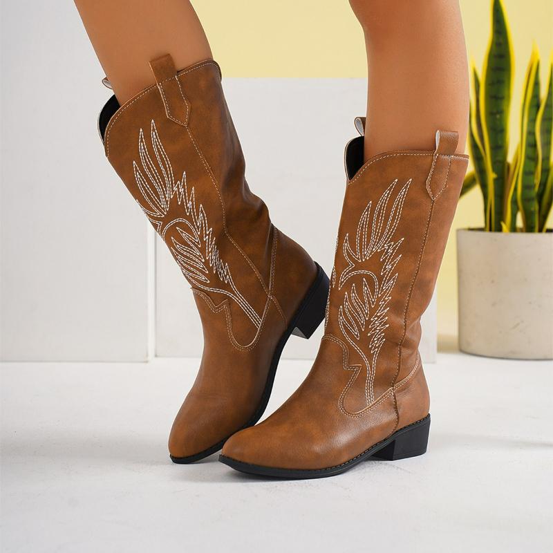 Damenstiefel Zum Hineinschlüpfen Mittelhohe Stiefel Spitze Quadratischer Absatz Cowboystiefel Plateau Ritterstiefel Große Größen Stickerei Langer Stiefel