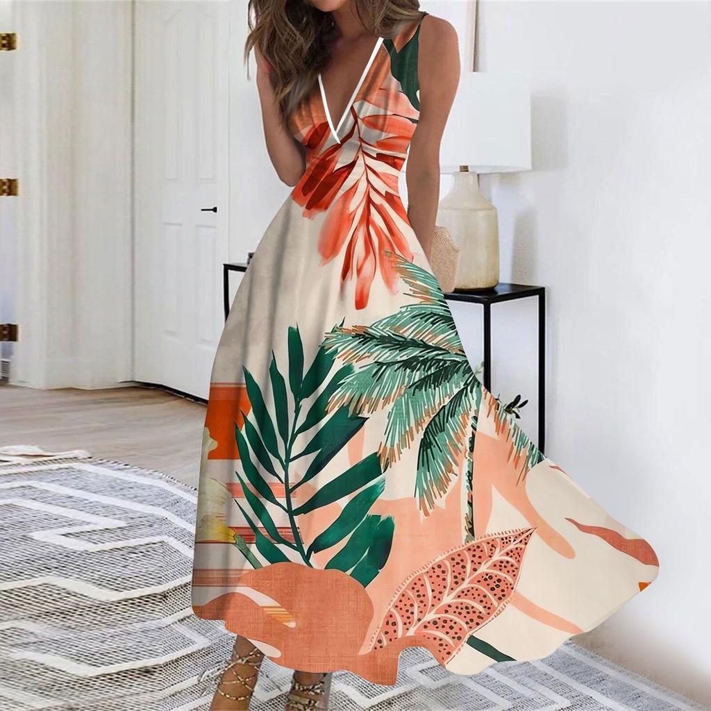 Women's Fashion Summer Floral Print V-Neck Sleeveless Tunic Casual Dresses