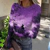 Women Casual Long Sleeve Ribbed Knit Top Halloween Print Round Neck Pullover Slim Fit Stretchy Lightweight Shirt for Fall