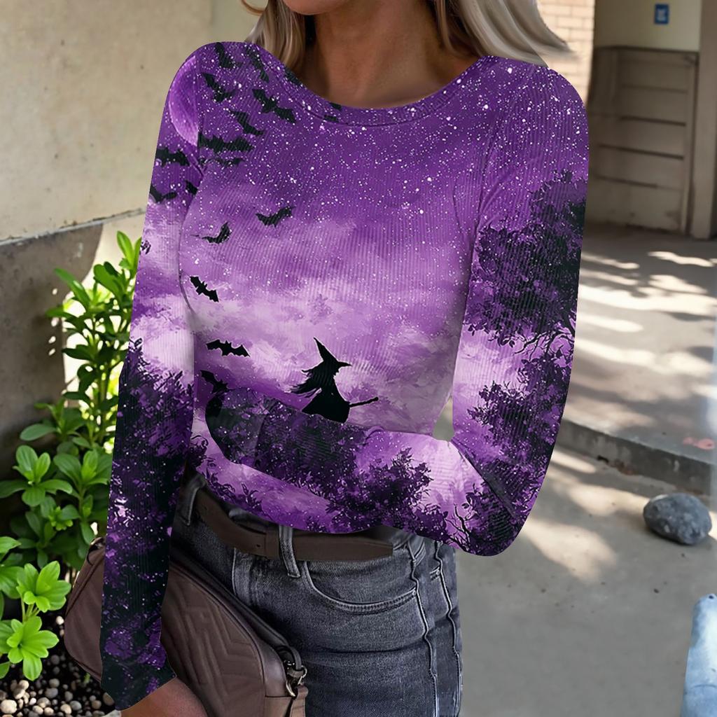 Women Casual Long Sleeve Ribbed Knit Top Halloween Print Round Neck Pullover Slim Fit Stretchy Lightweight Shirt for Fall