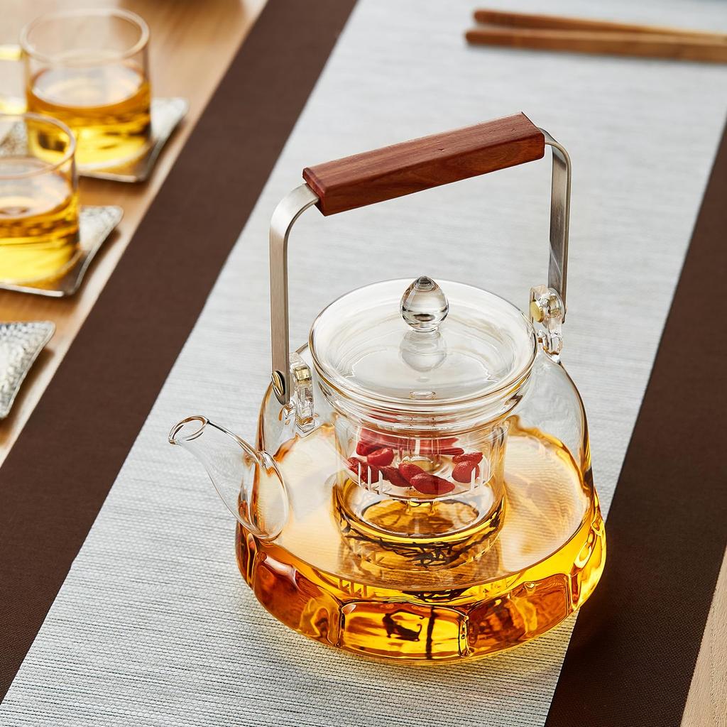 Pokaro Tea Heat-Resistant Glass Teapot, 1060ml, Integrated Steamer, Tea Strainer, Lotus-Shaped Glass Bottom, Clear Design, Wooden Handle, Perfect for