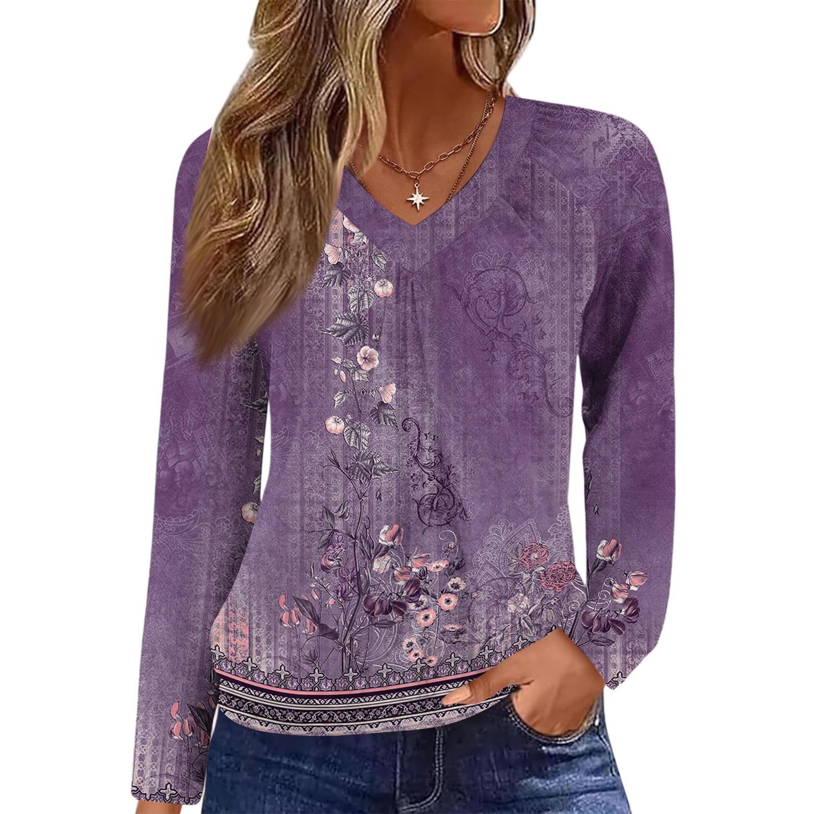 

Женский повседневный модный топ с V-образным вырезом, регланом, плиссировкой, ретро-принтом и длинным рукавом S фиолетовый