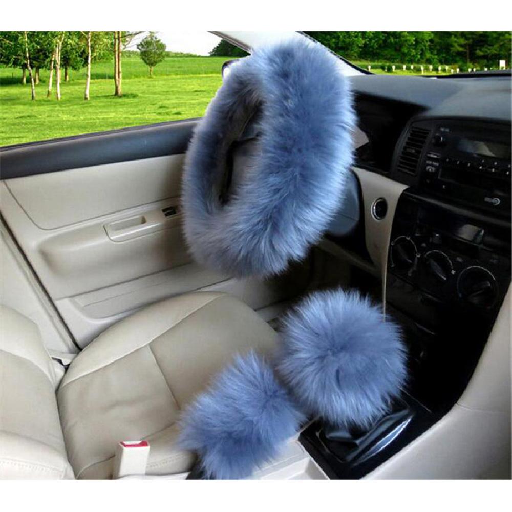 Gray Blue Long Plush Fur Cover For Steering Wheel&Gear Knob&Parking       Brake