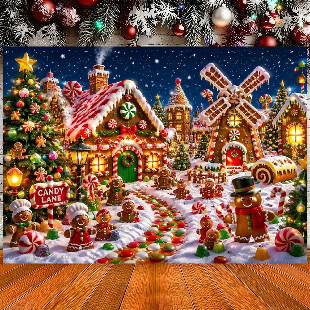 Merry Christmas, gingerbread house backdrop, candy world photography backdrop, Christmas party decoration, photo banner4747