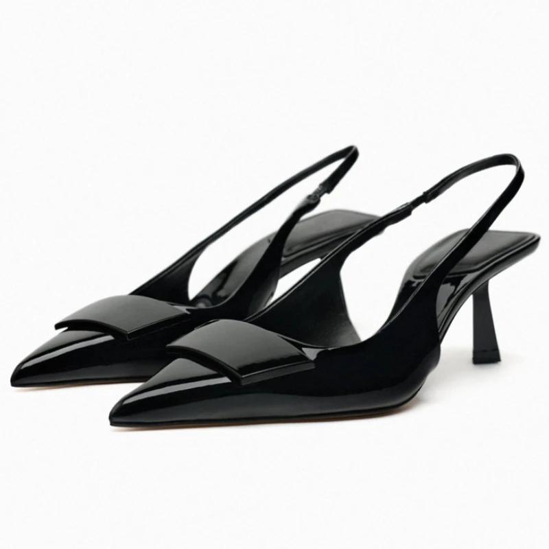 Fashion Fashion Pointed Toe Back Strap Women Sandal High Quality Patent Leather Thin Heel Slide Sandal Summer Elegant Banquet Dress Shoe
