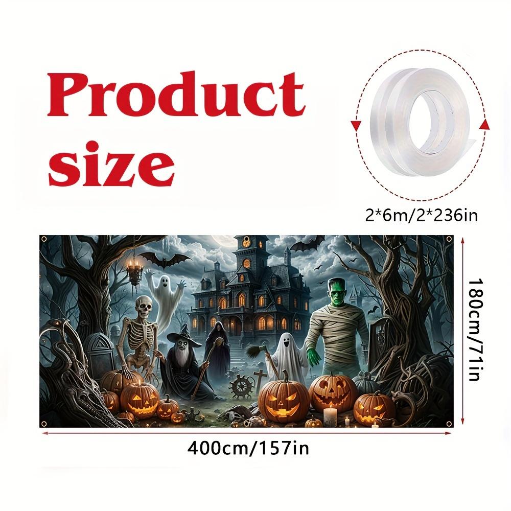 Halloween garage door banner  polyester  creepy castle  skull ghost  bat ribbon  witch and pumpkin design 100x150cm