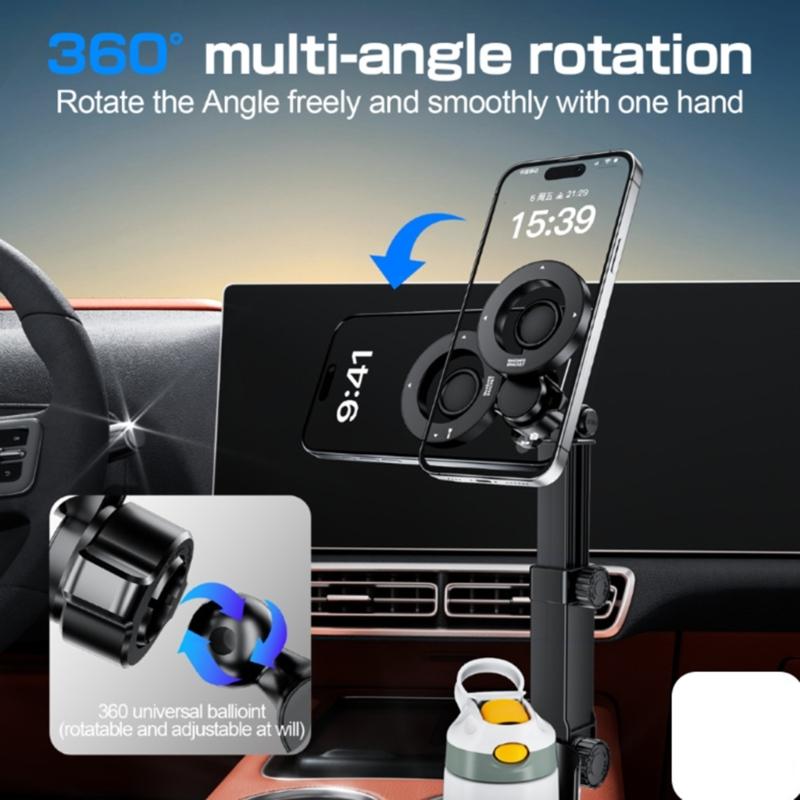Adjustable 360 Rotating Phone Holder for Car Cup Slot Magnetic Attachment Universal Use For Auto Cup Holders Strong Magnet