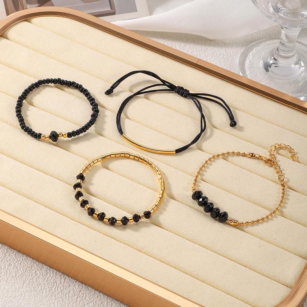 Women's Black Crystal Casual Bracelet Set - Handmade Woven Jewelry for Holidays and Parties