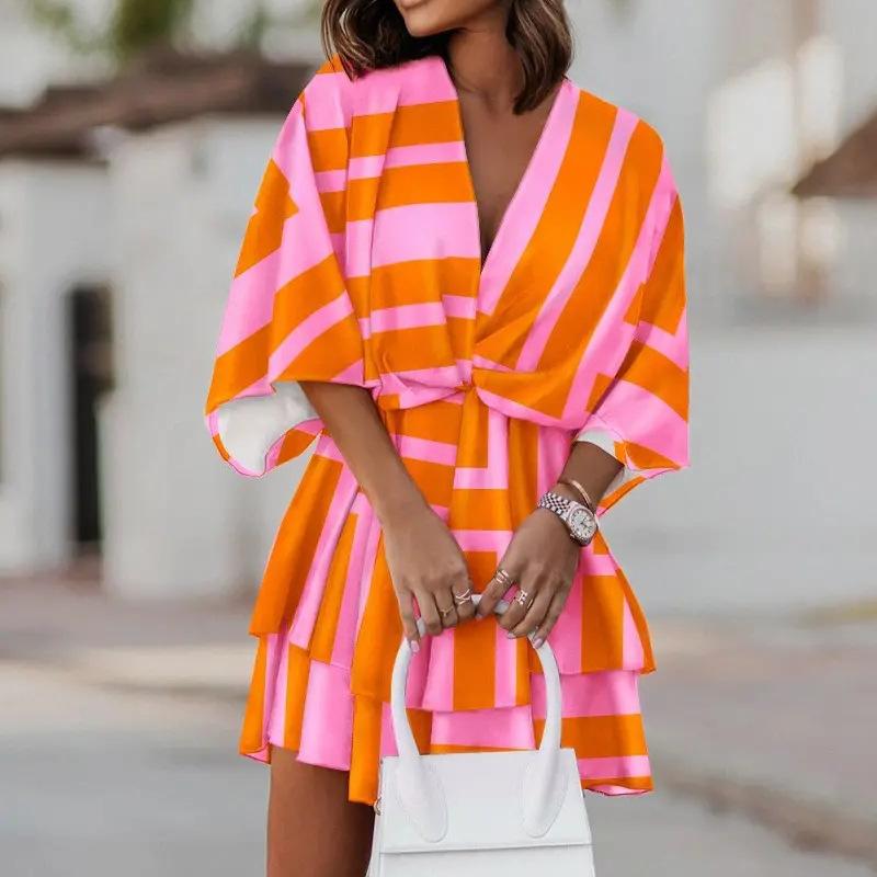 

VEZFAA Женская мода весна осень цветочный узор принт рукава 3/4 V-образный вырез средняя талия повседневные платья L