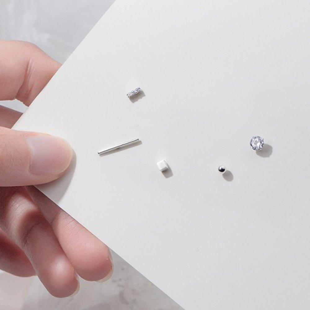 Hermosa:J E067 925 Silver Earrings, 5-Piece Set, Daily Cubic Mini Earrings