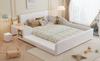 Upholstered Bed with Children's Desk and Stool, With Storage Shelf, Soft Headboard, Children's Bed with Wooden Slats, Velvet, White, 140x200cm
