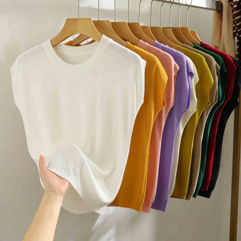 Summer Round Neck Knitted Casual Women's T-shirt Elegant Loose Ice Silk Thin Fit Solid Color Short Sleeve Tee Tops Ladies Simple Fashion T Shirt 3097