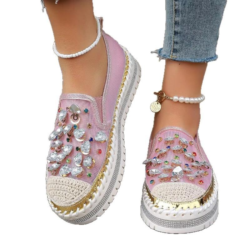 New Student Casual Board Shoes One Pedal Four Seasons Color Rhinestone Muffin Thick-soled Loafer Flat-soled Single Shoes Women