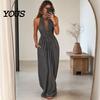Slimming Long Skirt Dress Women Halter Neck Pleated Maxi Dress, Deep V Sleeveless Summer Party Beach Vacation Sundress, Flowy with Pockets Hidden Side