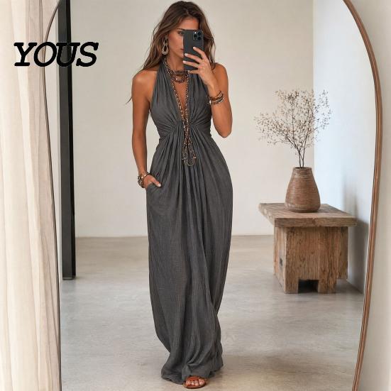 Slimming Long Skirt Dress Women Halter Neck Pleated Maxi Dress, Deep V Sleeveless Summer Party Beach Vacation Sundress, Flowy with Pockets Hidden Side