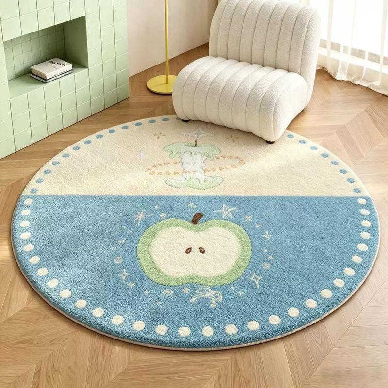 Blue White Cute Apple Pattern Round Rug Kawaii Fruit Soft Floor Padding Kids Bedroom Space Decor Accent Stylish Durable