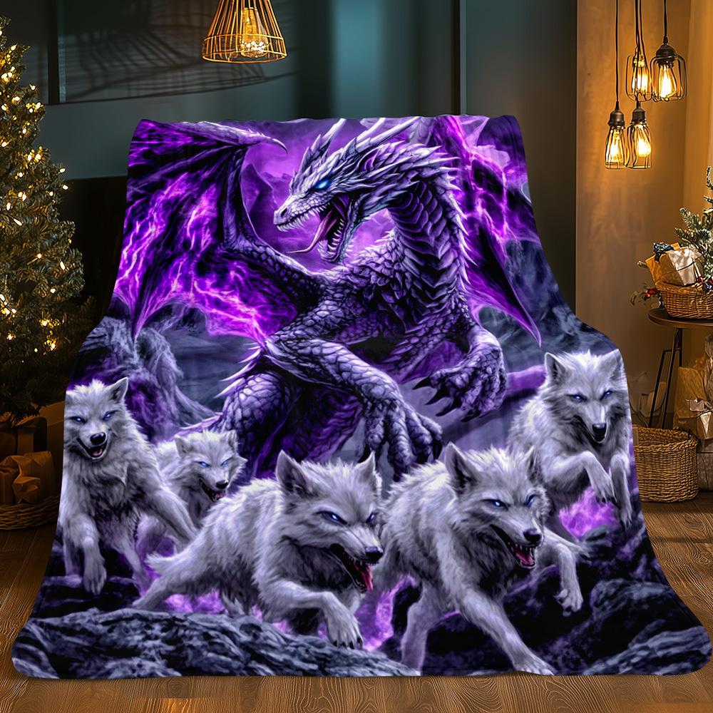 Purple Dragon and Wolf Print Throw Blanket - Mystic Fantasy Animal Motif Soft Lightweight Accent for Sofa Bed Travel Office