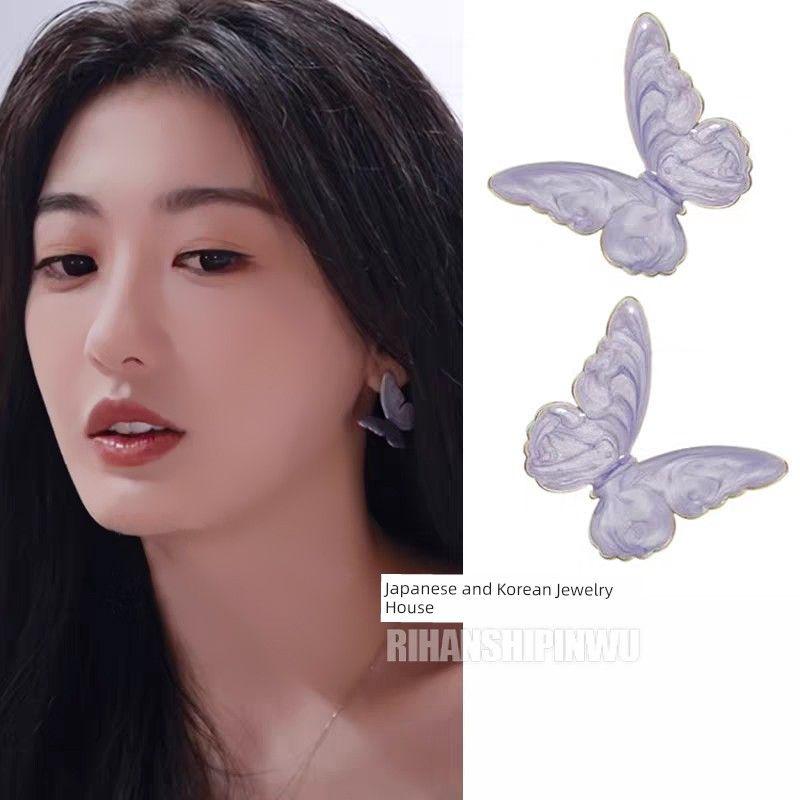 

Heartbeat Signal Sun Leyan Same Style Earrings Leyan Purple Enamel Butterfly Studs Earrings Elegant Fancy Tide 925 Tremella needle