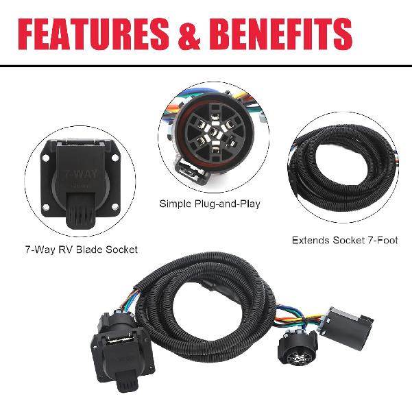 56070 7-Foot 7-Pin Trailer Wiring Harness Extension With Connector For Vehicle-Side Truck Bed,Fit For Chevy Dodge Ram GMC Ford Toyota Nissan