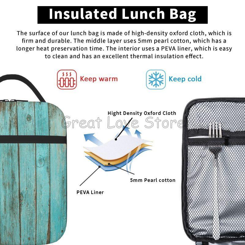 Shabby Turquoise Wood Grain Insulated Lunch Bag for Women Men Reusable Waterproof Thermal Bento Tote Bags for Work Travel Picnic