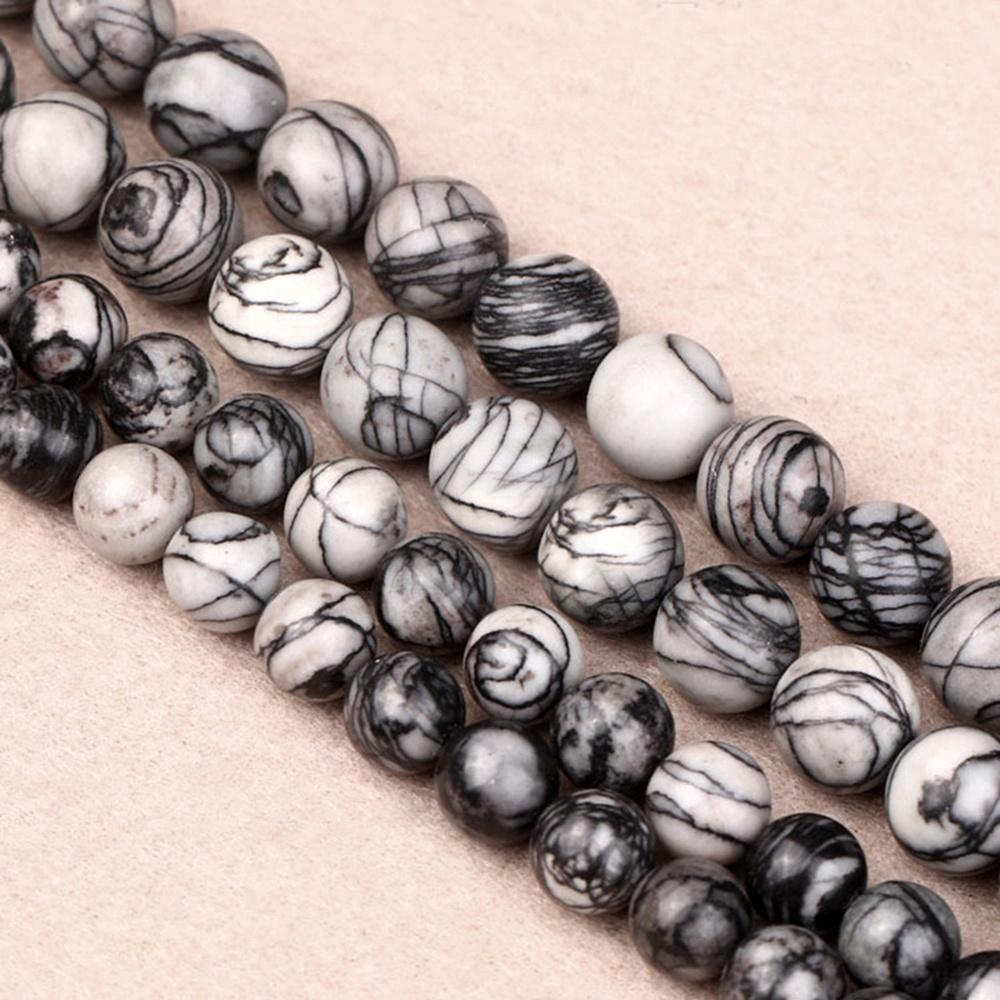 Black-striped Lattice Round Natural Stone Beads 15"Strand Smooth Loose Spacer Beads 4/6/8/10/12mm for Jewelry Making DIY Bracelets Accessories