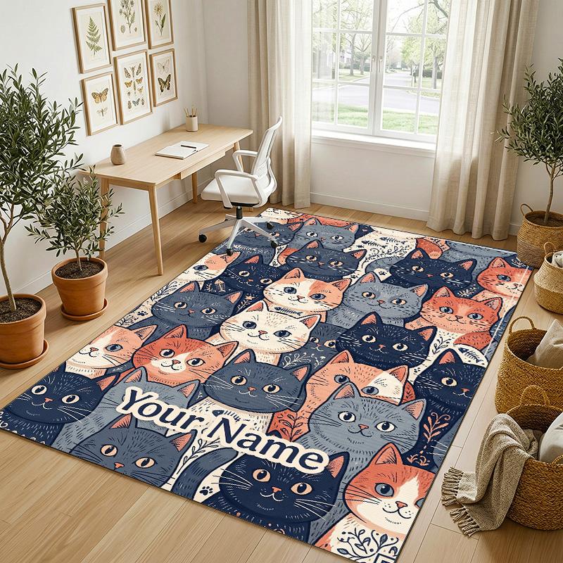 Cats Theme Soft Crystal Velvet Rug Custom Name & Text Print Non Slip Floor Rug for Bedroom Living Room