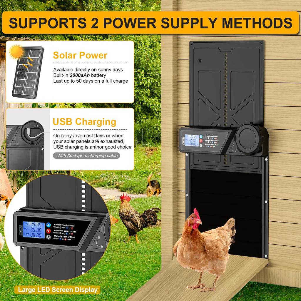 Automatic Chicken Coop Door Solar Powered, LCD Display Automatic Chicken Door with Timer Aluminum Alloy Chicken Door with Remote