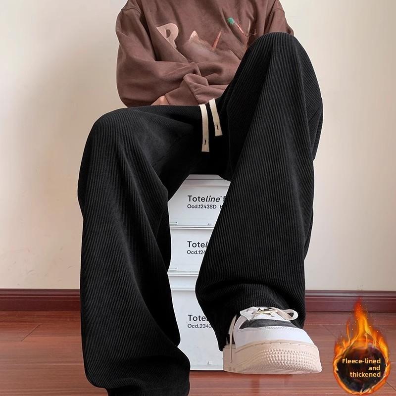 American Hong Kong Style Men's Casual Pants Autumn Winter Loose Straight Leg Trousers Wide Leg Sports Long Trousers