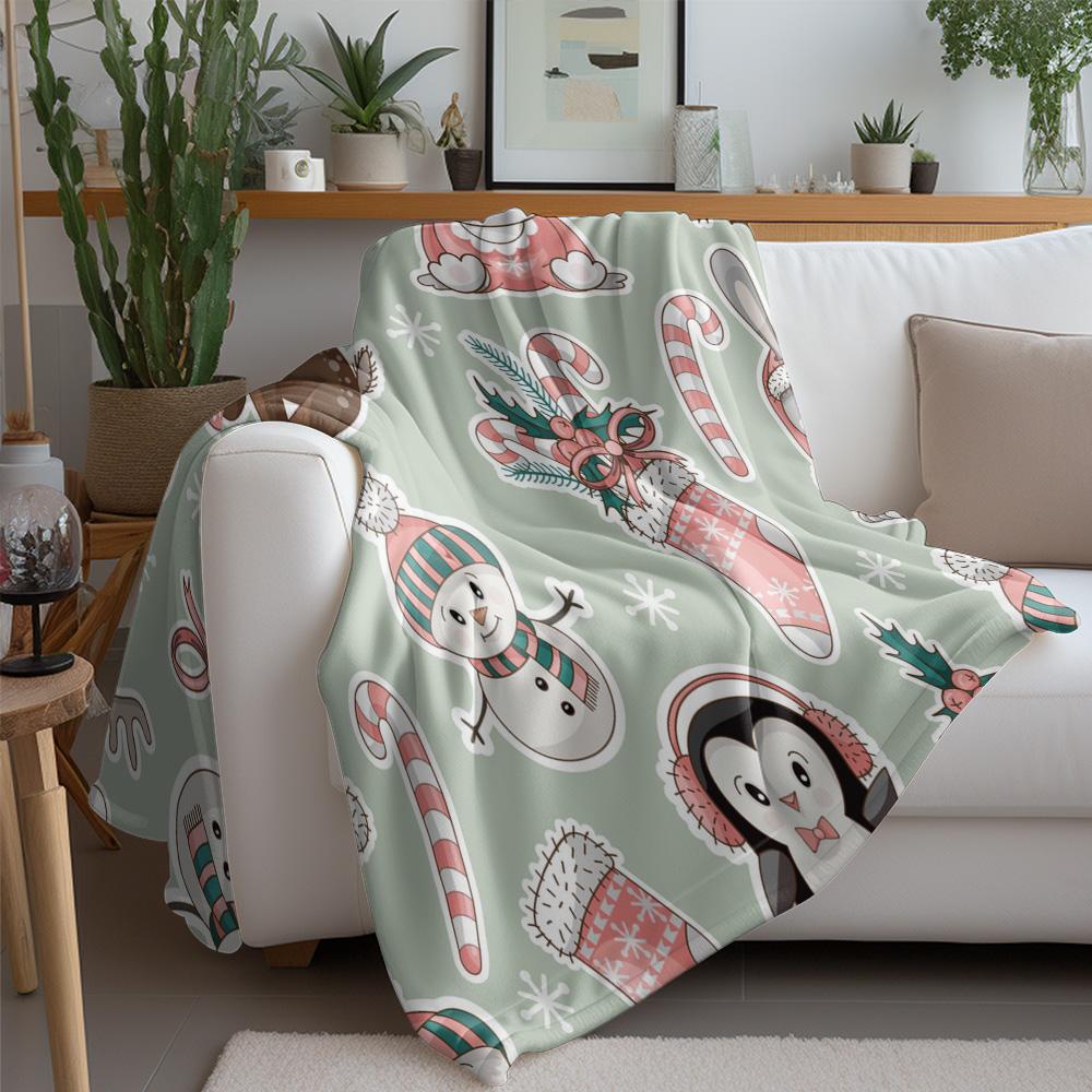 Cozy Christmas Blanket Flannel Throw Winter Warm Decorative Holiday Gift Festive Reindeer Snowman Pattern Soft Plush Bedspread
