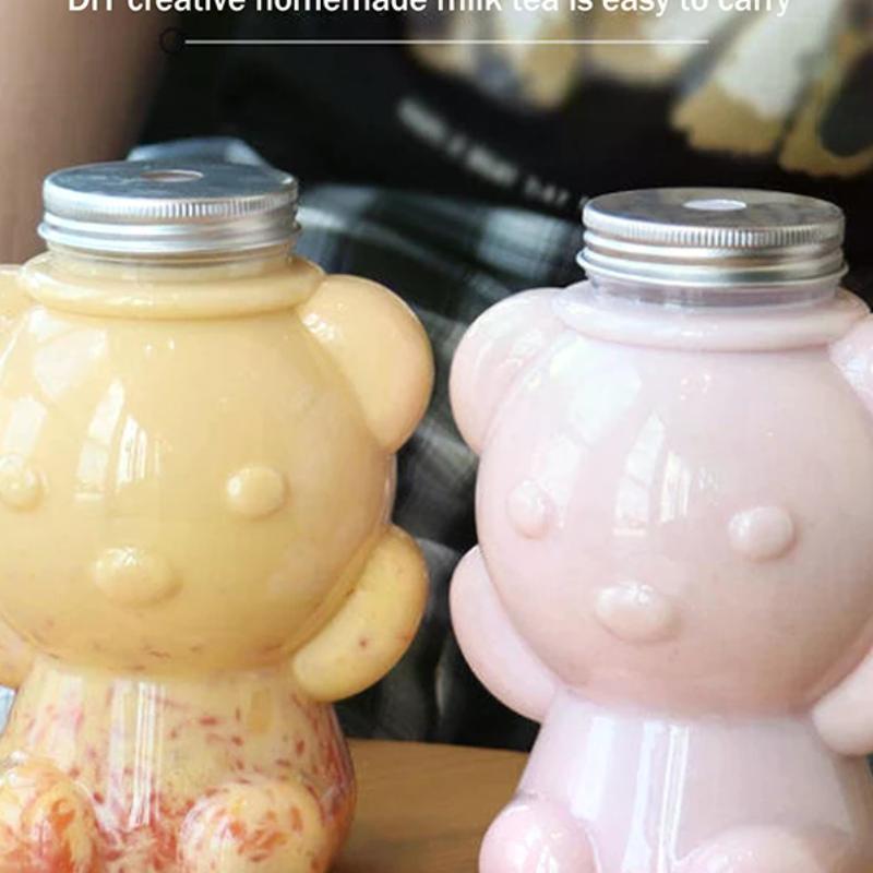 700ml Big Head Bear Clear Plastic Juice Bottles Reusable Sealed Cups for Smoothie Milk Homemade Drinks Beverage Container