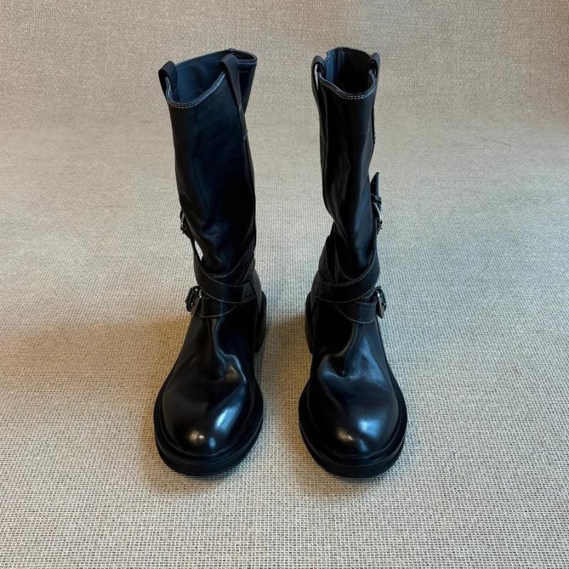Cowhide Edition~ Retro Belt Buckle Medium Boots Thick-soled Western Cowboy Boots Skinny Fried Street Short Boots Female Knight Boots