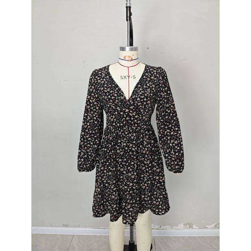 

Fashion Wind New Arrival Fashion Print V-neck Puff Sleeve Waist-Tight Dress Printed V-neck Dress Black L