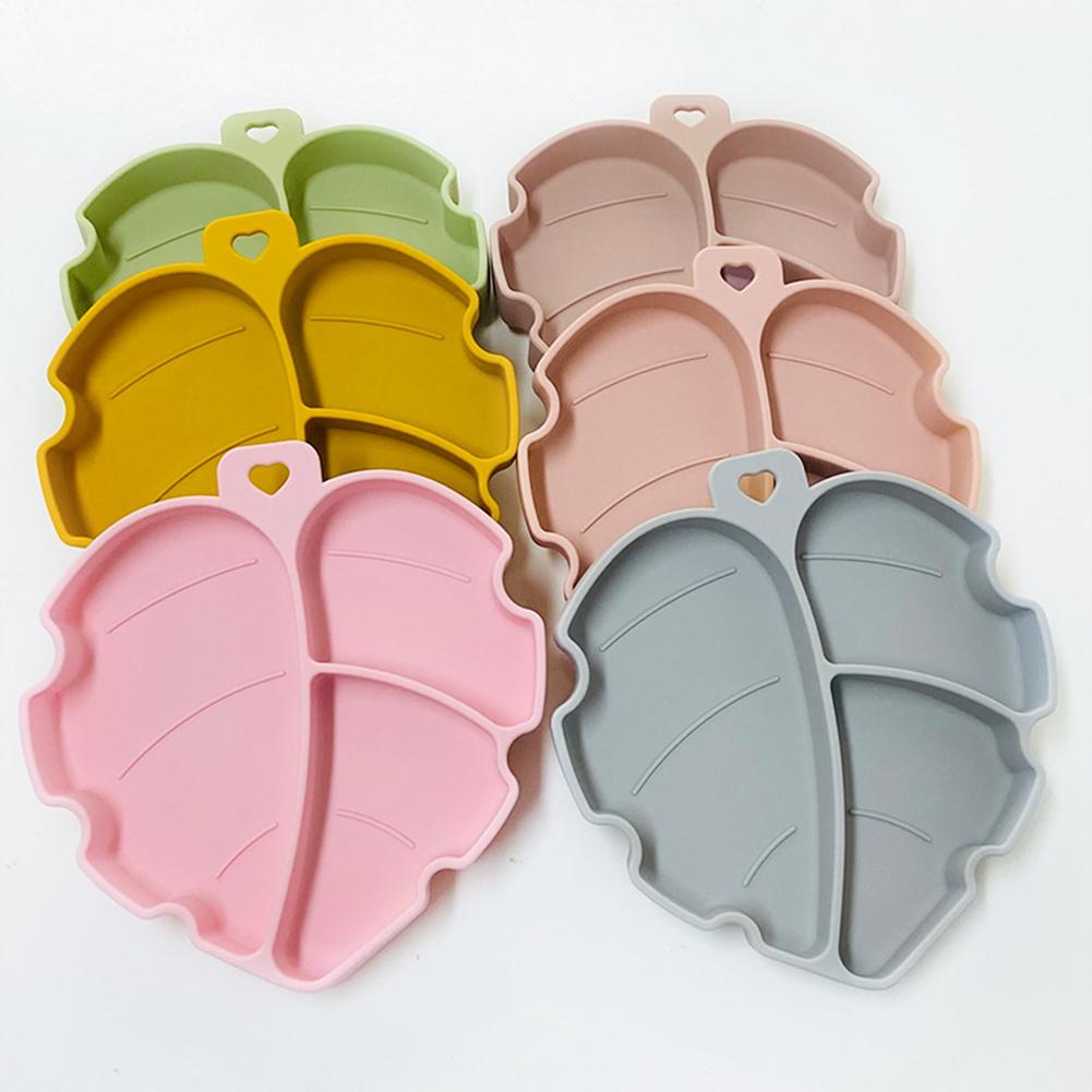 Children Silicone Food Bowl Leaf Shape Large Capacity Suction Cup Temperature Resistance Compartment Platen