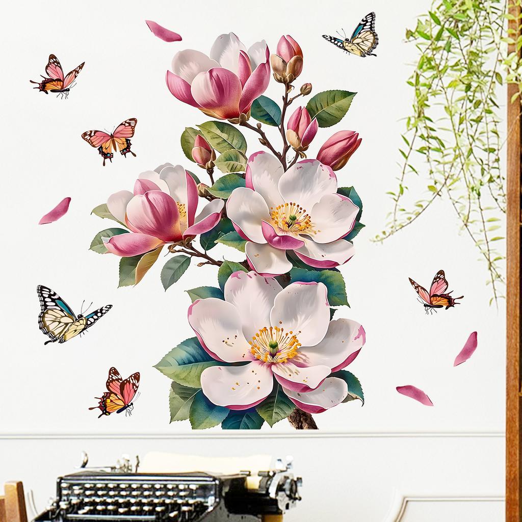 Magnolia Butterfly Wall Sticker Self-Adhesive Waterproof Removable Living Room Bedroom Hallway Background Wall Home Decor Art