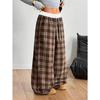 Pantaloni Casual Lunghi a Quadri con Vita Elastica e Gamba Larga, Stile Vintage Rilassato, per Donna