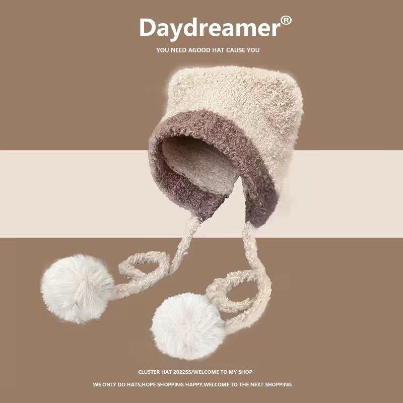 Cute color matching teddy velvet bear ears straps women's winter warm ear protectors knitted wool hat