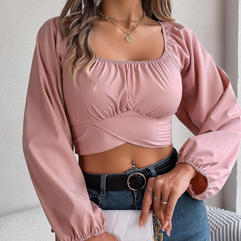 Women Long Sleeve Square Neck Tees Solid Color T Shirt  Ladies Tee Shirt Street Wear Top