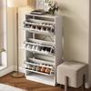Modern and unique white shoe cabinet, shoe cabinet with 3 flaps, round mirror, large storage space, suitable for entryway/foyer