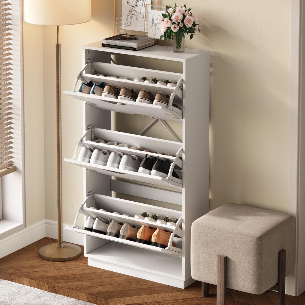 Modern and unique white shoe cabinet, shoe cabinet with 3 flaps, round mirror, large storage space, suitable for entryway/foyer