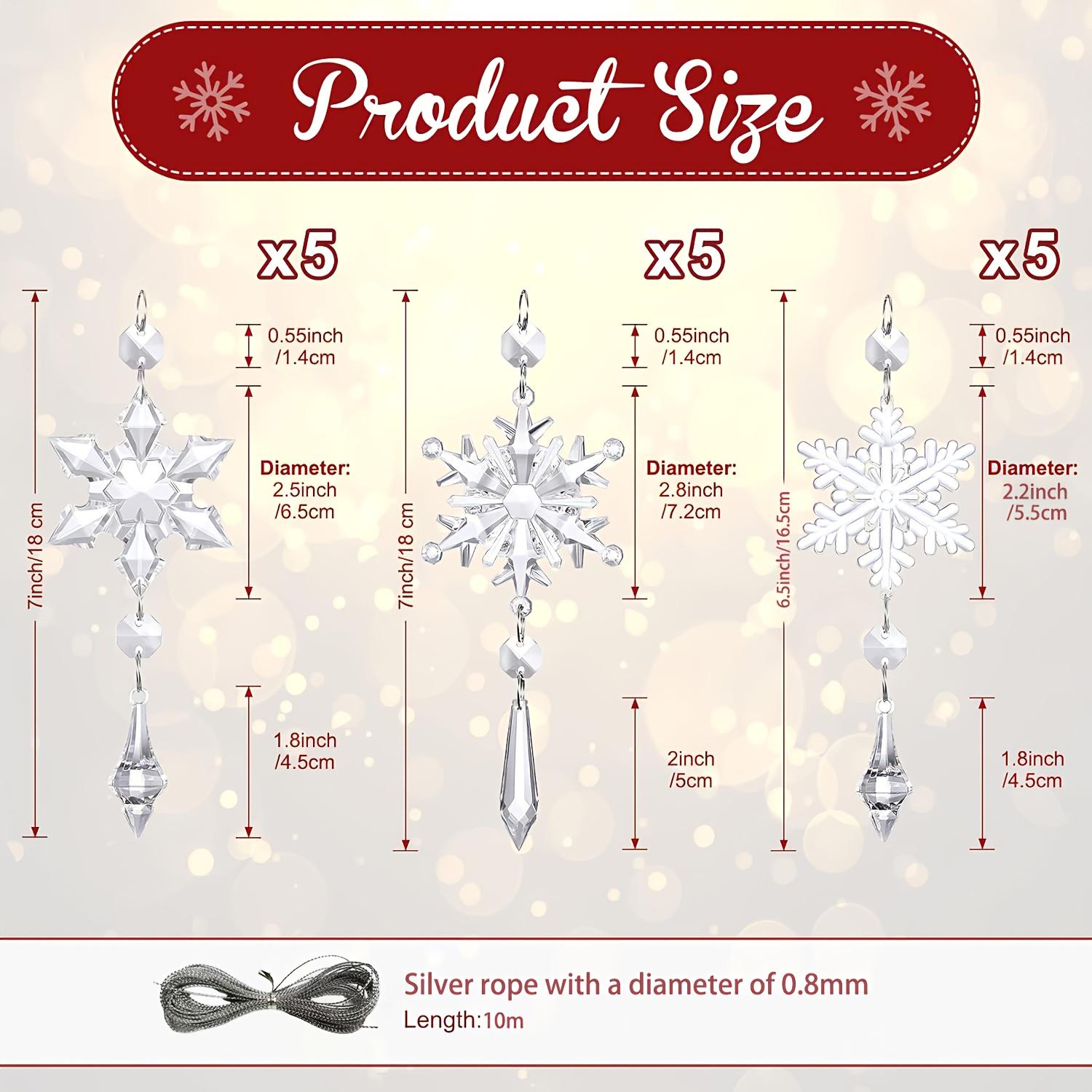 15pcs Elegant Crystal Snowflake Ornaments with 393.7inch Long Silvery Rope, Christmas Tree Acrylic Snowflake Winter Wonderland Decorations, Sparkling Snowflake Ornament Set (15pcs)