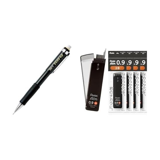 Pentel Tough Mechanical Pencil, Black Barrel, 0.9mm Lead, 5 Pencils; Pentel Ain 0.9mm 2B Lead Refills, 5 Tubes