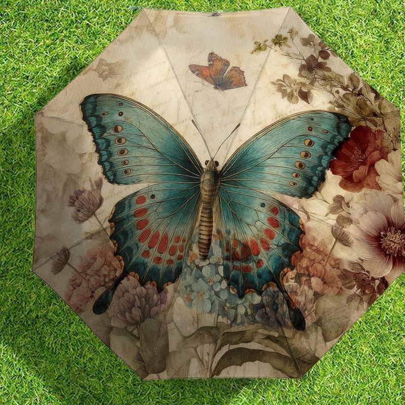 1pc Butterfly Flowers Automatic Folding Umbrella, Heavy Duty 8 Rib Iron Frame,  Suitable for Travel, Daily Use, Birthday, Decor Gift m0104088