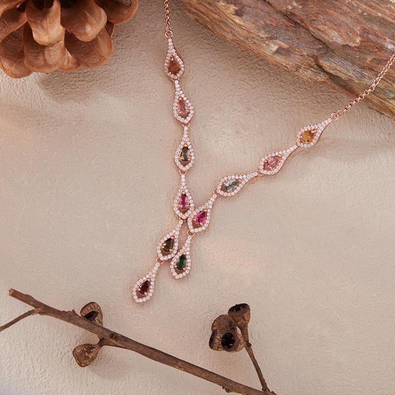 Natural Tourmaline Color Treasure Jewelry Set Chain Necklace Women'S S925 Silver Rose Gold Xiaohongshu Wechat Channels