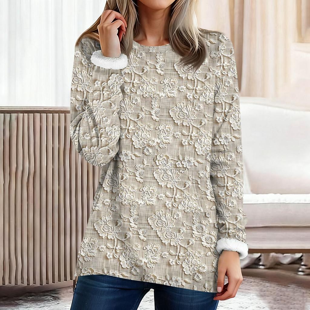Women's Fashionable Printed Round Neck Long Sleeved Plush Warm Pullover Top