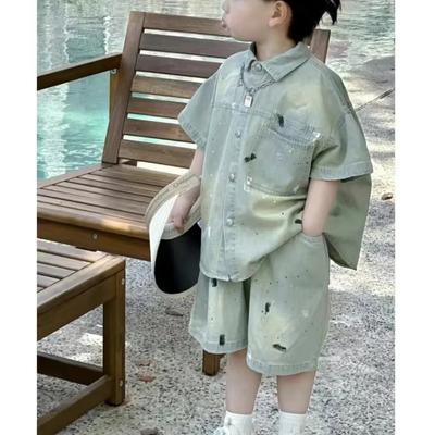 Conjunto de verano para niño: Conjunto de Dos Piezas de Camisa de Mezclilla Suave de Manga Corta + Pantalones Cortos para Niños Pequeños a Medianos