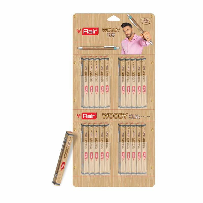 Flair Woody Cliq Bolígrafo Retráctil 0.7mm Paquete de 1 x 5 bolígrafos Tinta Negra Elegante Cuerpo con Textura de Madera para Oficina Escuela Escritura
