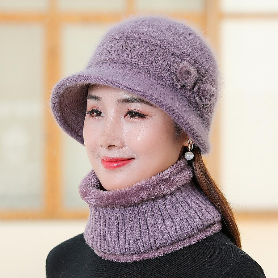 Winter Middle-aged Elderly Mothers' Hats Rabbit Fur Plush Thick Knitted Basin Hats Warm Windproof Hats Neckband Kit